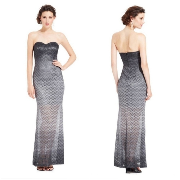 Betsy & Adam Strapless Gray Ombre Glitter Chevron Floor Length Gown Dress Size 2 - Picture 13 of 13